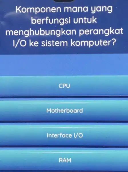 Komponen mana yang berfungsi untuk menghubungk an perangkat 1/0 ke sistem komputer? CPU Motherboard Interface 1/0 RAM