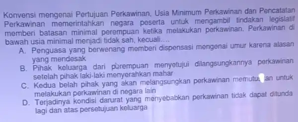 Konvensi mengenai Perkawinan, Usia Minimum Perkawinan dan Pencatatan Perkawinan memerintahkan negara peserta untuk mengambil tindakan legislatif memberi batasan minimal perempuan ketika melakukan perkawinan .