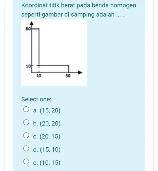 Koordinat titik berat pada benda homogen seperti gambar di samping adalah __ Select one: a. (15,20) b. (20,20) C. (20,15) d. (15,10) e. (10,15)