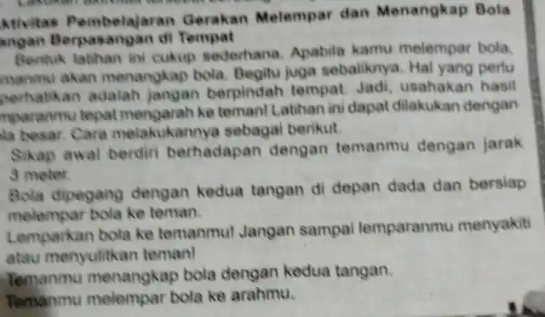 ktivitas Gerakan Melempar dan Menangkap Bola angan Tempat Bentuk cukup sederhana Apabila kamu melempar bola mannui akan menangkap bola sebaliknya. Hal yang perlu perhatikan