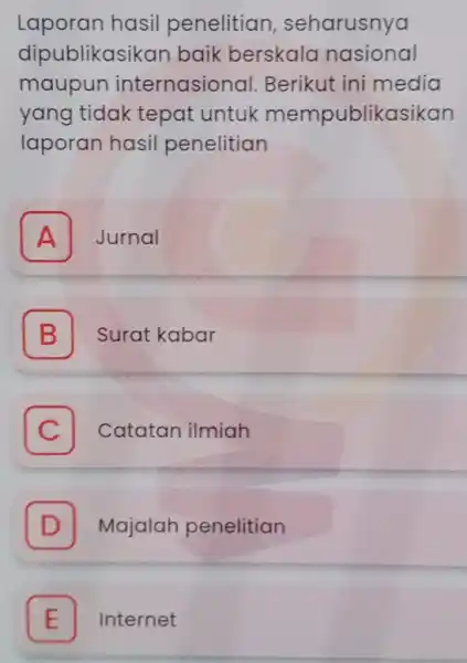 Laporan hasil penelitian , seharusnya dipublika sikan baik berskala nasional maupun internasiona 1. Berikut ini media yang tidak tepat untuk mempublikasikan laporan hasil penelitian