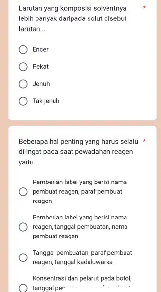 Larutan I yang komposisi solventnya lebih banyak daripada solut disebut larutan. __ Encer Pekat Jenuh Tak jenuh Beberapa hal penting I yang harus selalu