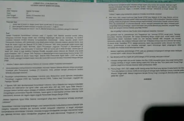 LEMBAR SC AL UJIAN SUSI ULAN ASES IEN SUM LATIF SEM IESTE RGANJIL Mata Pelajaran Sejarah Peminatan Kelas Tahun Pelajaran Hari/Tanggal Selasa, 03 Desember