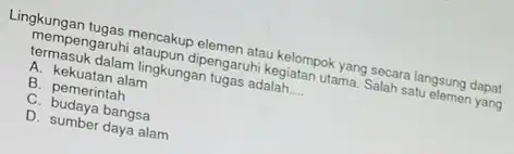 Lingkungan tugas mencakup elemen atau kelompok yang secara langsung dapat mempengaruhi ataupun dipengaruh kegiatan utama. Salah satu elemen yang termasuk dalam lingkungan tugas adalah