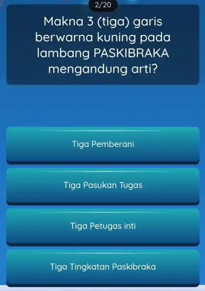 Makna 3 (tiga)garis berwarnc kuning pada lambang PASKIBRAKA mengandung arti? Tigo Pemberani Tigo Pasukar Tugas Tiga Petugas s inti