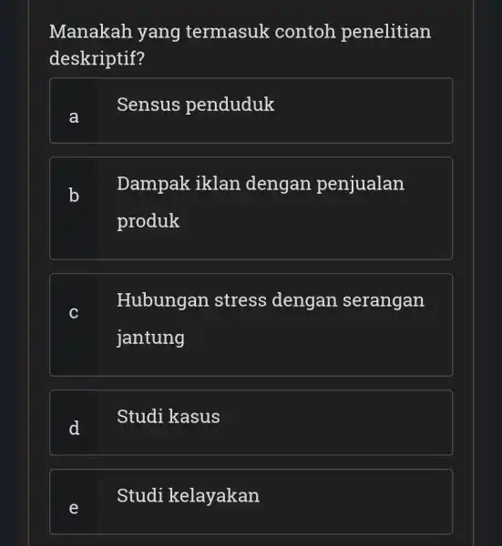 Manakah yang termasuk contoh penelitian deskriptif? a Sensus penduduk b Dampak iklan .dengan penjualan produk Hubungan stress dengan serangan jantung Studi kasus Studi kelayakan