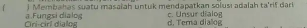 ) Membahas suatu masalah untuk mendapatkan solusi adalah ta'rif dari a.Fungsi dialog c. Unsur dialog Ciri-ciri dialog d. Tema dialog