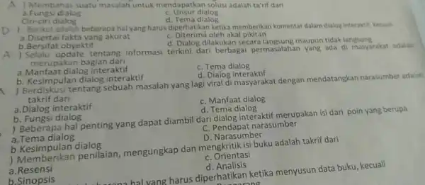 ) Membahas suatu masalah untuk mendapatkan solusi adalah ta'rif dari Fungsi dialog C. Unsur dialog Ciri-ciri dialog d. Tema dialog ) Berikut adalah beberapa