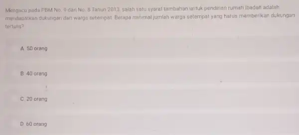 Mengacu pada PBM No 9 dan No.8 Tahun 2013, salah satu syarat tambahan untuk pendirian rumah ibadah adalah mendapatkan dukungan dari warga setempat. Berapa