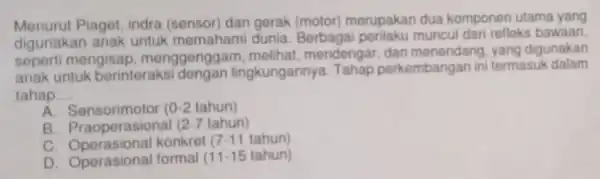 Menurut Piaget, indra dan gerak (motor)merupakan dua komponen utama yang digunakan anak untuk memaham dunia. Berbaga perilaku muncul dari refleks bawaan. seperti mengisap menggenggan