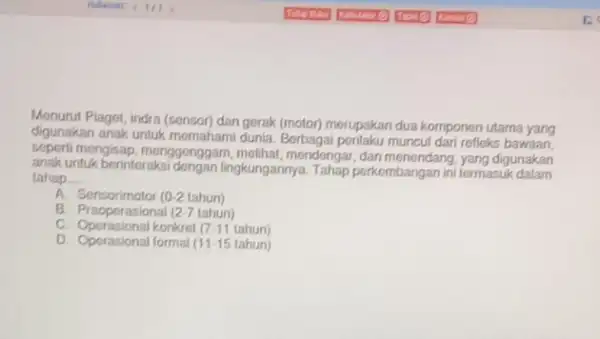 Menurut Piagot, indra (sonsor) dan gerak (motor) merupakan dua komponen utama yang digunakan anak untuk momaham dunia. Berbagai penlaku muncu dari refleks bawaan seperti