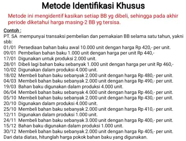 Metode Identifikasi Khusus Metode ini mengidentif kasikan setiap BB yg dibeli sehingga pada akhir periode diketahui harga masing-2 BB yg tersisa. Contoh : PT.