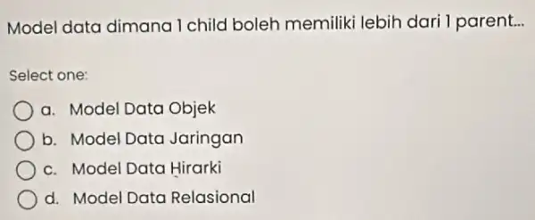 Model data dimana I child boleh memiliki lebih dari 1 parent __ Select one: a. Model Data Objek b. Model Data Jaringan c. Model