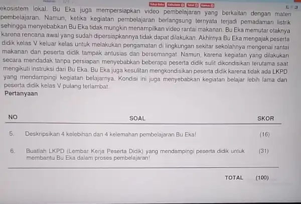 mo ekosistem lokal. Bu Eka juga mempersiapkan video pembelajaran yang berkaitan dengan materi pembelajaran. Namun, ketika kegiatan pembelajaran berlangsung ternyata terjad pemadaman listrik sehingga