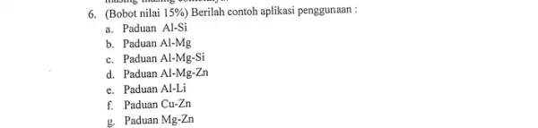 musing musing 6. (Bobot nilai 15% ) Berilah contoh aplikasi penggunaan: a. Paduan Al-Si b. Paduan Al-Mg c. Paduan Al-Mg-Si d. Paduan Al-Mg-Zn e.