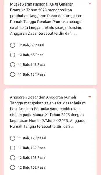 Musyawaran Nasional Ke XI Gerakan Pramuka Tahun 12023 menghasilkan perubahar Anggarar Dasar dan Anggaran Rumah Tangga Gerakan Pramuka sebagai salah satu langkah teknis keorganisasian.