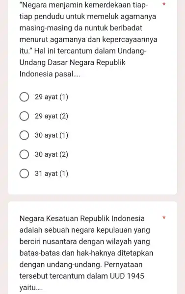 "Negara menjamin kemerdekaar tiap- tiap pendudu untuk memeluk agamanya masing-masing I da nuntuk beribadat menurut agamanya dan kepercayaannya itu." Hal ini tercantum dalam Undang-