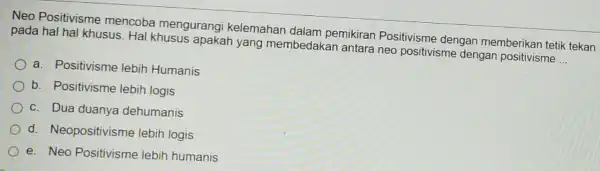 Neo Positivisme mencoba mengurang kelemahan dalam pemikiran Positivisme dengan memberikan tetik tekan pada hal hal khusus. Ha khusus apakah yang membedak an antara neo