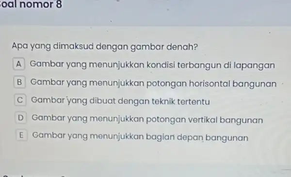 oal nomor 8 Apa yang dimaksud dengan gambar denah? A Gambar yang menunjukkan kondis terbangun di lapangan B Gambar yang menunjukkan potongan horisontal bangunan