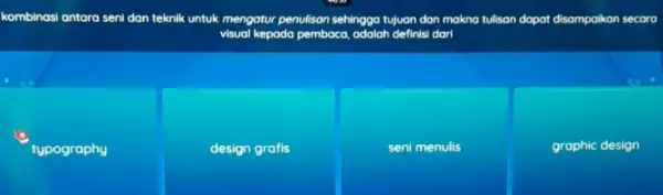 ombinasi antara seni dan teknik untuk mengatur penullsan sehingga tujuan dan makna tullsan dapat disampalkan secara visual kepada pembaca, adalah definisi dari