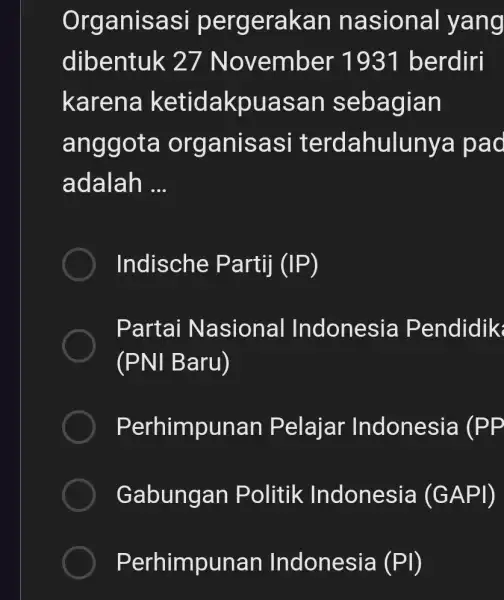 Organisasi pergerakan nasional yang dibentuk . 27 Novembel -1931 berdiri karena ketidakpuasan sebagian anggota organisasi terdahulunya pad adalah __ Indische Partij (IP) Partai Nasional