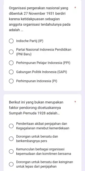 Organisasi pergerakan nasional yang dibentuk 27 November 1931 berdiri karena ketidakpuasar sebagian anggota organisas i terdahulunya pada adalah __ Indische Partij (IP) Partai Nasional