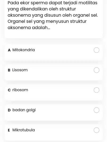 Pada ekor sperma dapat terjadi motilitas yang dikendalikar oleh struktur aksonema yang disusun oleh organel I sel. Organel I sel yang menyusun struktur aksonema