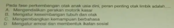 Pada fase perkembanga n otak anak usia dini peran penting otak limbik adalah __ A. Mengendali motorik kasar B. Mengatur keseimbangar tubuh dan otak