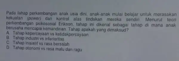 Pada lahap perkembangan anak usia dini, anak-anak mulai belajar untuk merasakan kekualan (power) dan kontrol alas tindakan moreka Menurut teori perkembangan psikososial Erikson, tahap