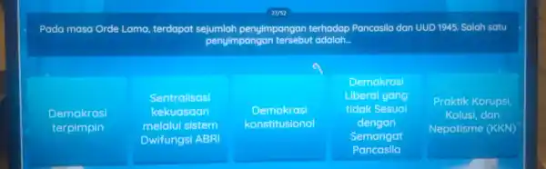 Pada masa Orde Lama, terdapa t sej penyimpangan ter hadap Poncosila dan UUD:B45.Solah satu penulimpanga mensebut adalah __ Demokrasi terpimpin Sentralisasi kekuasaan melalui sistem