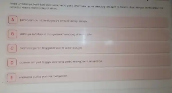 Pada umumnya, fosil -fosil manusia purba yang ditemukan para arkeolog terdapat di daerah aliran sungal. Berdasarkan hal tersebut dapat disimpulkan bahwa A pemakaman manusia