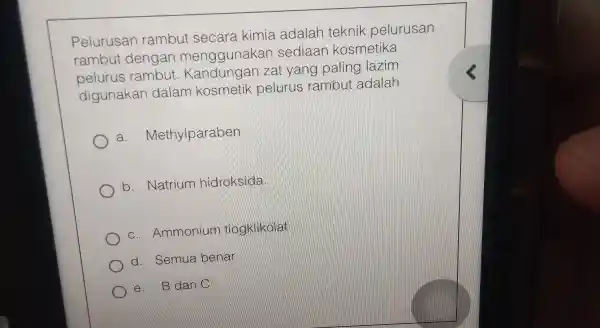 Pelurusan rambut secara kimia adalah teknik pelurusan rambut dengan menggunakar sediaar kosmetika pelurus rambu zat yang paling lazim digunakan dalam kosmetik pelurus rambut adalah