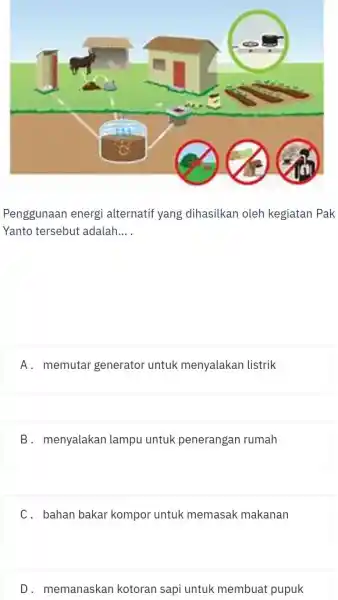 Penggunaan energi alternatif yang dihasilkan oleh kegiatan Pak Yanto tersebut adalah __ A. memutar generator untuk menyalakan listrik B. menyalakan lampu untuk penerangan rumah