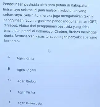 Penggunaan pestisida oleh para petani di Kabupaten Indramayu selama ini jauh melebihi kebutuhan yang seharusnya. Selain itu, mereka juga mengabaikan teknik penggunaan racun organisme