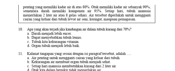 penting yang memiliki kadar air di atas 80% Otak memiliki kadar air sebanyak 90% , sementara darah memiliki komponen air 95% Setiap hari, tubuh