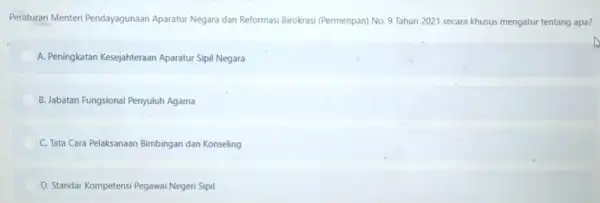 Peraturan Menteri Pendayagunaan Aparatur Negara dan Reformasi Birokrasi (Permenpan) No. 9 Tahun 2021 secara khusus mengatur tentang apa? A. Peningkatan Kesejahteraan Aparatur Sipil Negara