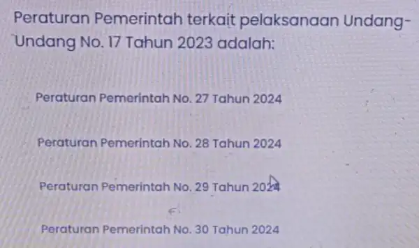 Peraturan Pemerintah terkait pelaksanaan Undang- Undang No. 17 Tahun 2023 adalah: Peraturan Pemerintah No. 27 Tahun 2024 Peraturan Pemerintah No. 28 Tahun 2024 Peraturan