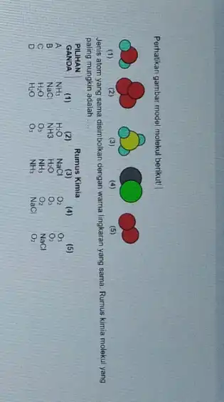 Perhatikan gambar model molekul berikut! (1) (2) (3) (4) (5) Jenis atom yang sama disimbolkan dengan warna lingkaran yang sama. Rumus kimia molekul yang