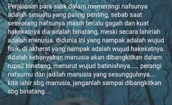 Perjalanan para salik dalam memerang nafsunya adalah sesuatu yang paling penting , sebab saat seseorang nafsunya masih terlalu gagah dan kuat hakekatnya dia adalah