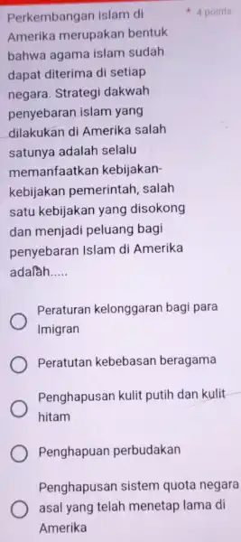 Perkembangan islam di Amerik merupakan bentuk bahwa agama islam sudah dapat diterima di setiap negara. Strategi dakwah penyebarar islam yang dilakukan di Amerika salah