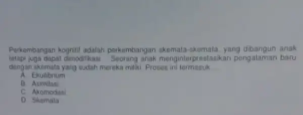 Perkembangan kognitif adalah perkembangan skemata-skemata yang dibangun anak tetapi juga dapat dimodifikasi Seorang anak menginterp restasikan pengalaman baru dengan skemata yang sudah mereka miliki.