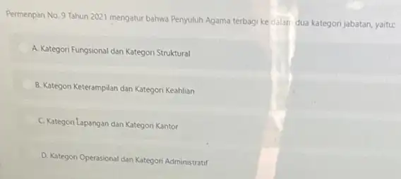 Permenpan No. 9 Tahun 2021 mengatur bahwa Penyuluh Agama terbagi ke dalan dua kategori jabatan, yaitu: A. Kategori Fungsional dan Kategori Struktural B. Kategori