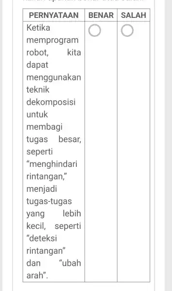 PERNYATAAN BENAR SALA Ketika memprogram robot, kita dapat menggunakan square square teknik dekomposisi untuk membagi tugas besar, seperti "menghindari rintangan," menjadi tugas-tugas yang lebih