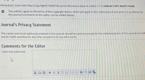 Pernyataan Surat Hak Cipta (Copy Right) FINANCIAL Jurnal Akuntansi dapat di Unduh gg gt hat (A) UNDUH COPY RIGHT FORM The authors agree to