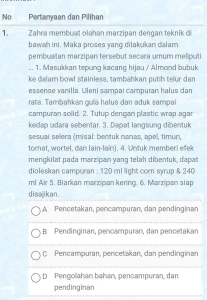 Pertanyaan dan Pilihan 1. Zahra membuat olahan marzipan dengan teknik di bawah ini . Maka proses yang dilakukan dalam pembuatan marzipan tersebut secara umum