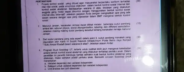 PERTANYAAN kontrol sosial yang dibuat agar masyarakat berperilaku konform terhadap nilai nilai sosial, pada umumnya dilakukan dalam bentuk kontrol sosial internal dan kontrol sosial