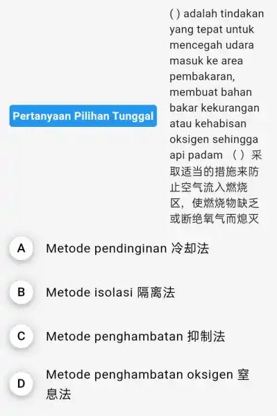 Pertanyaar Pilihan Tunggal ( ) adalah tindakan yang tepat untuk mencegah udara masuk ke area pembakaran, membuat bahan bakar kekurangan atau kehabisan oksigen sehingga