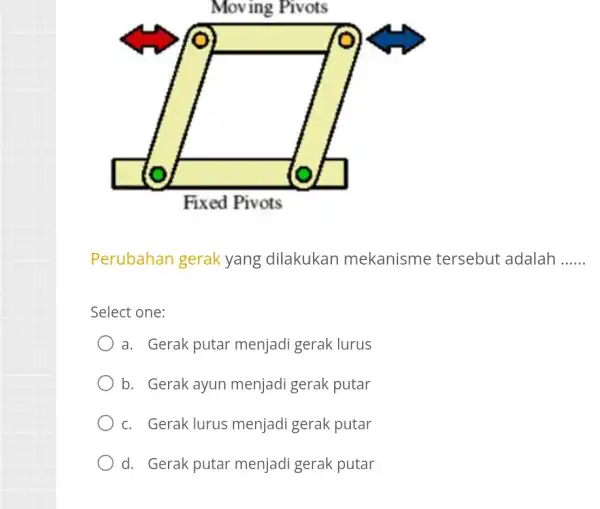 Perubahan gerak yang dilakukan mekanisme tersebut adalah __ Select one: a. Gerak putar menjadi gerak lurus b. Gerak ayun menjadi gerak putar c. Gerak