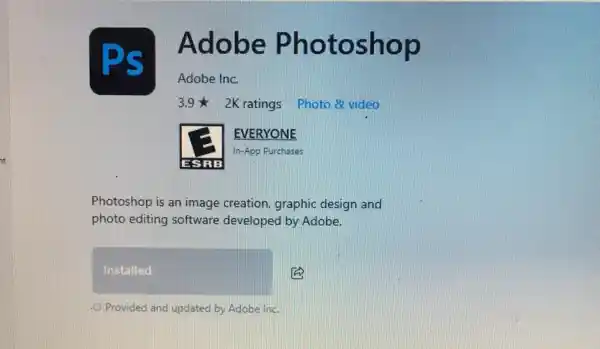 Photoshop is an image creation, graphic design and photo editing software developed by Adobe. square Provided and updated by Adobe Inc. Adobe Photoshop Adobe