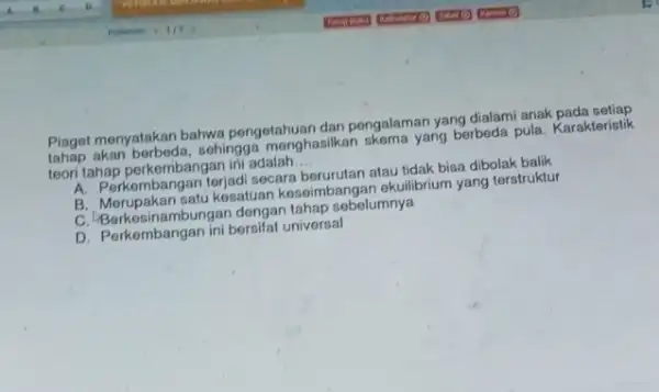 Piaget menyatakan bahwa pengetahuan dan pengalaman yang dialami anak pada setiap tahap akan berbeda, sehingg:menghasilkan skema yang berbeda pula. Karakteristik teori tahap perkembangan ini